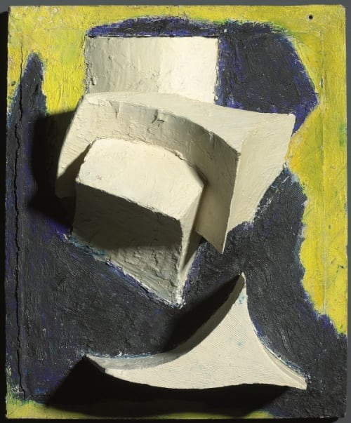Ohne Titel (Bewegtes Weiß auf Blau und Gelb)